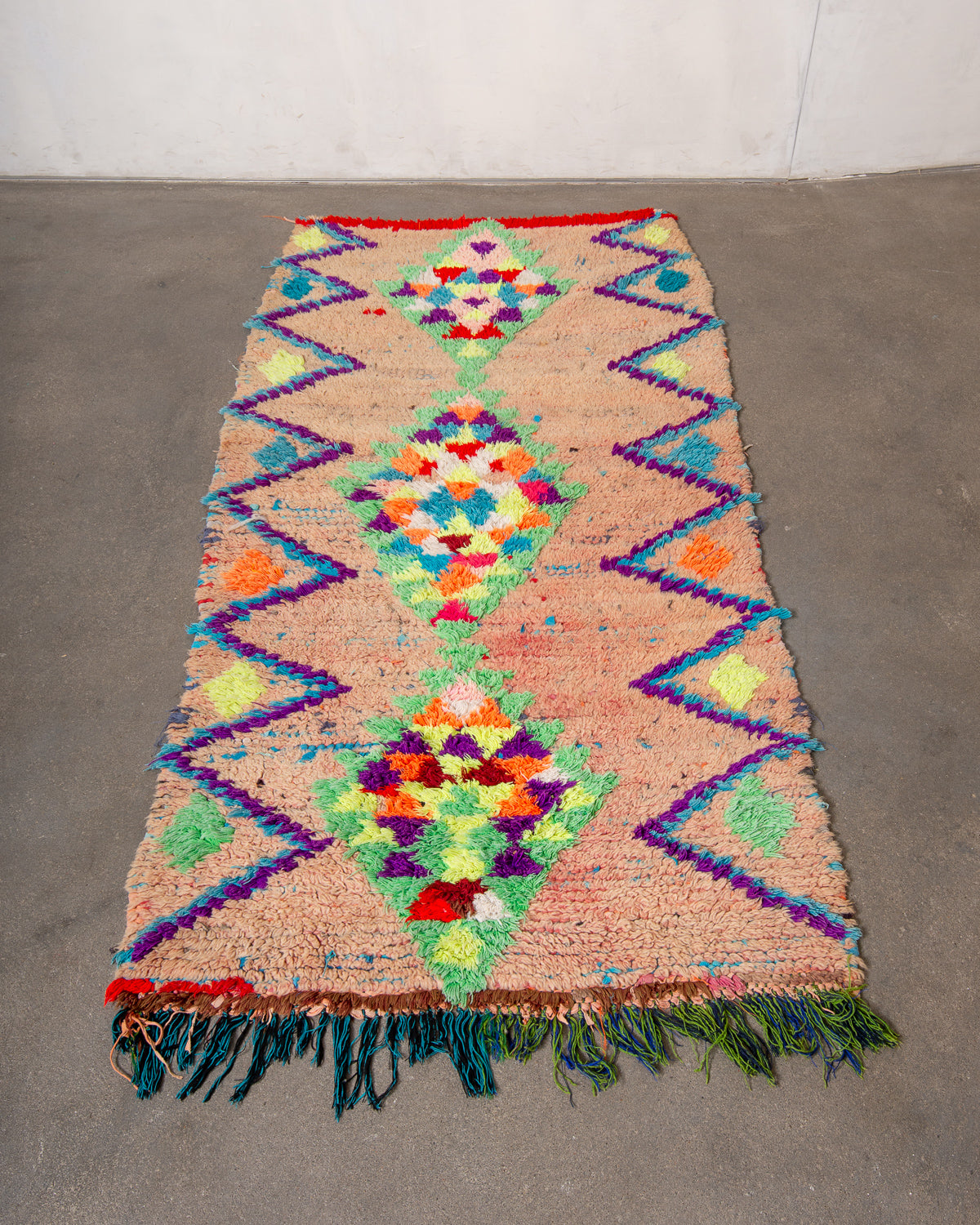 Modern, designer, handcrafted Berber runner rug from Morocco. Vintage carpet with beautiful colours and patterns and fluffy texture.